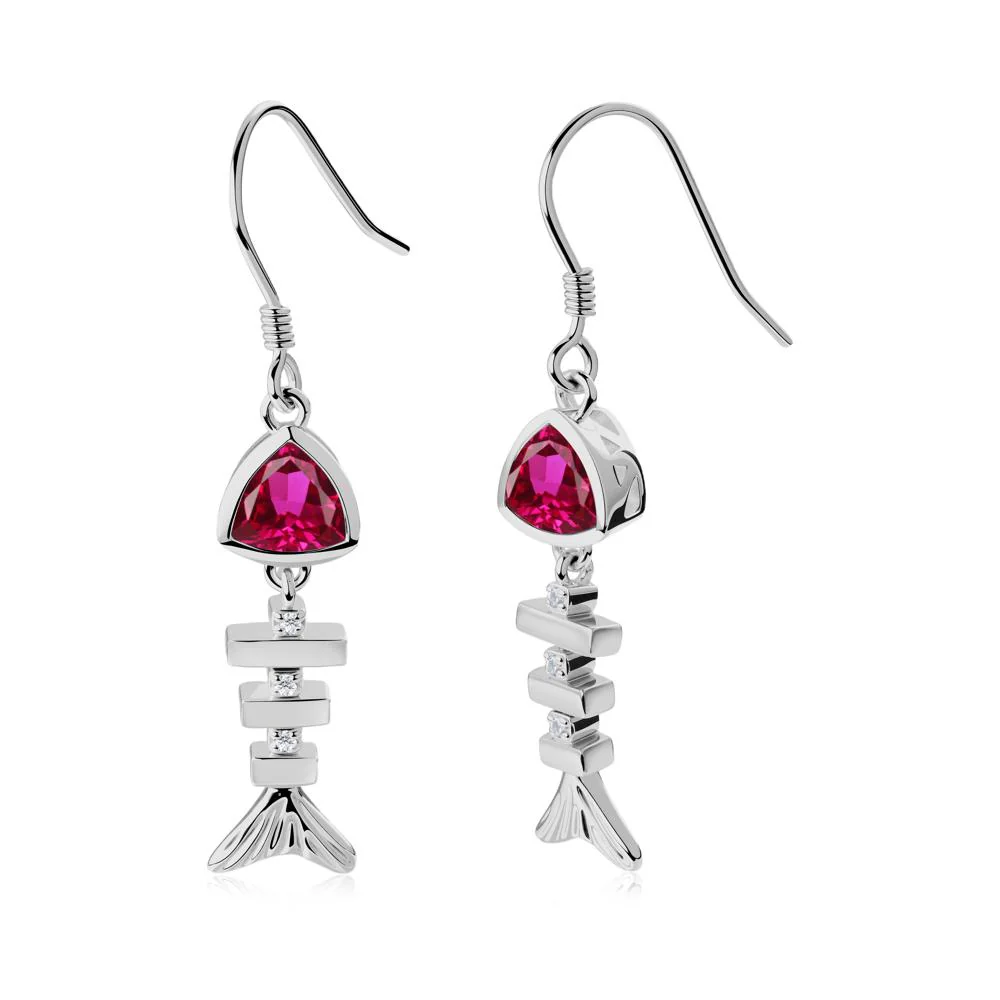 Movable Fishbone Ruby Fish Hook Earrings - Image 2