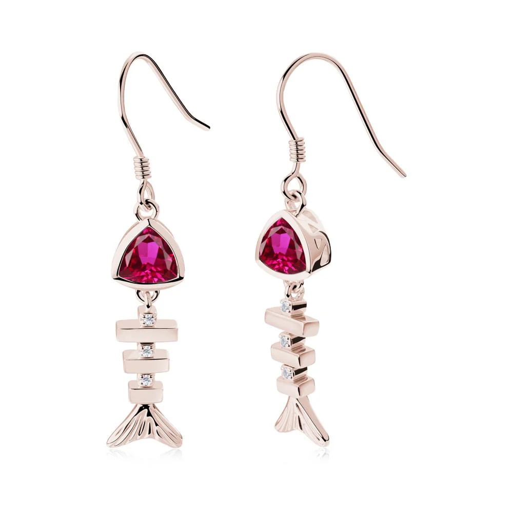 Movable Fishbone Ruby Fish Hook Earrings - Image 4
