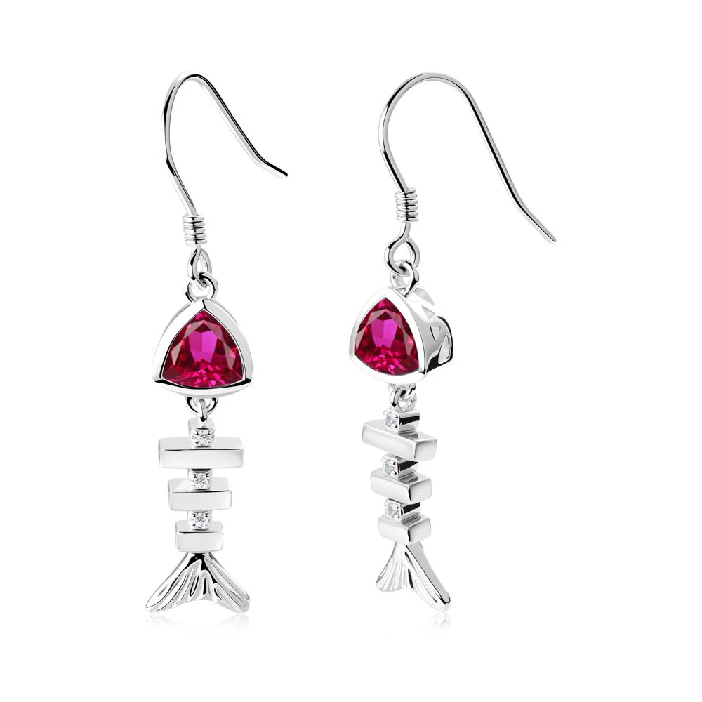 Movable Fishbone Ruby Fish Hook Earrings - Image 5