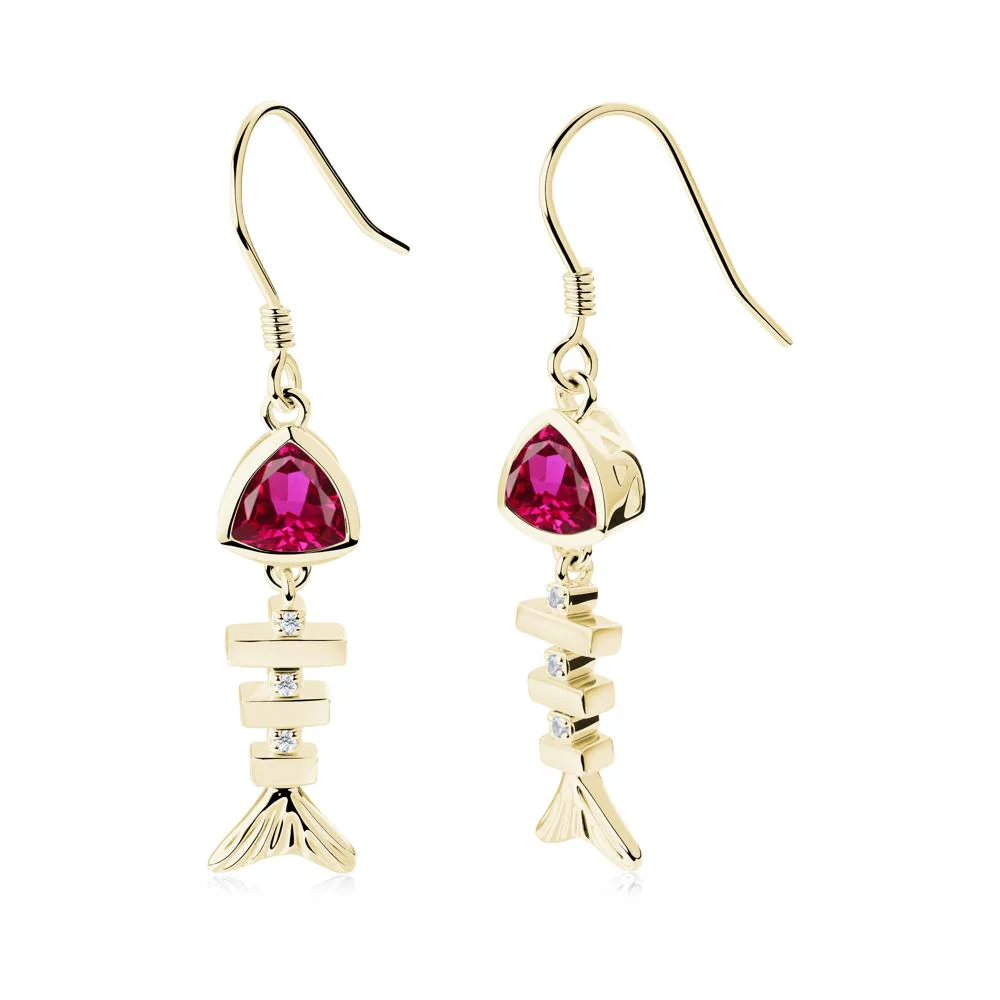 Movable Fishbone Ruby Fish Hook Earrings - Image 7