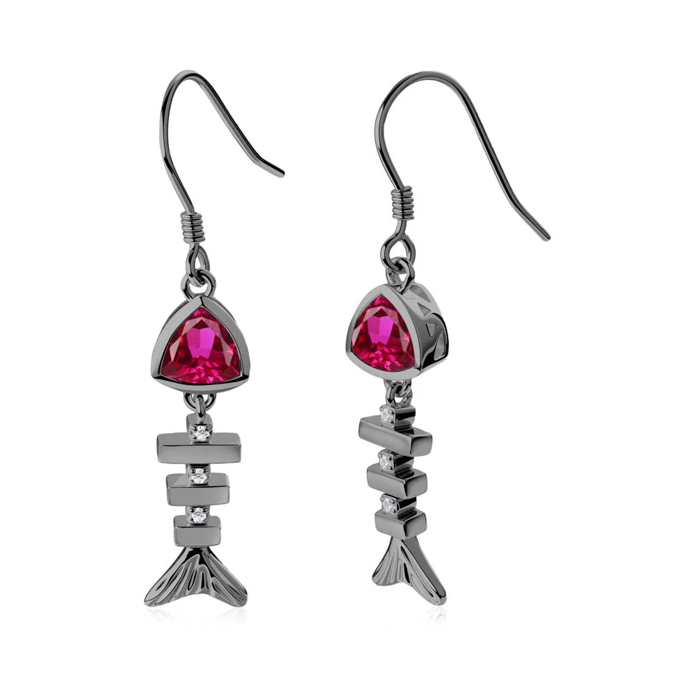 Movable Fishbone Ruby Fish Hook Earrings - Image 9