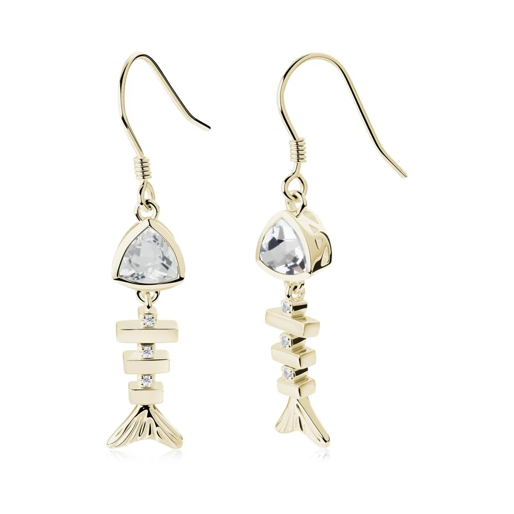 Movable Fishbone White Topaz Fish Hook Earrings