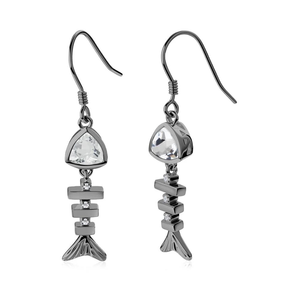 Movable Fishbone White Topaz Fish Hook Earrings - Image 2