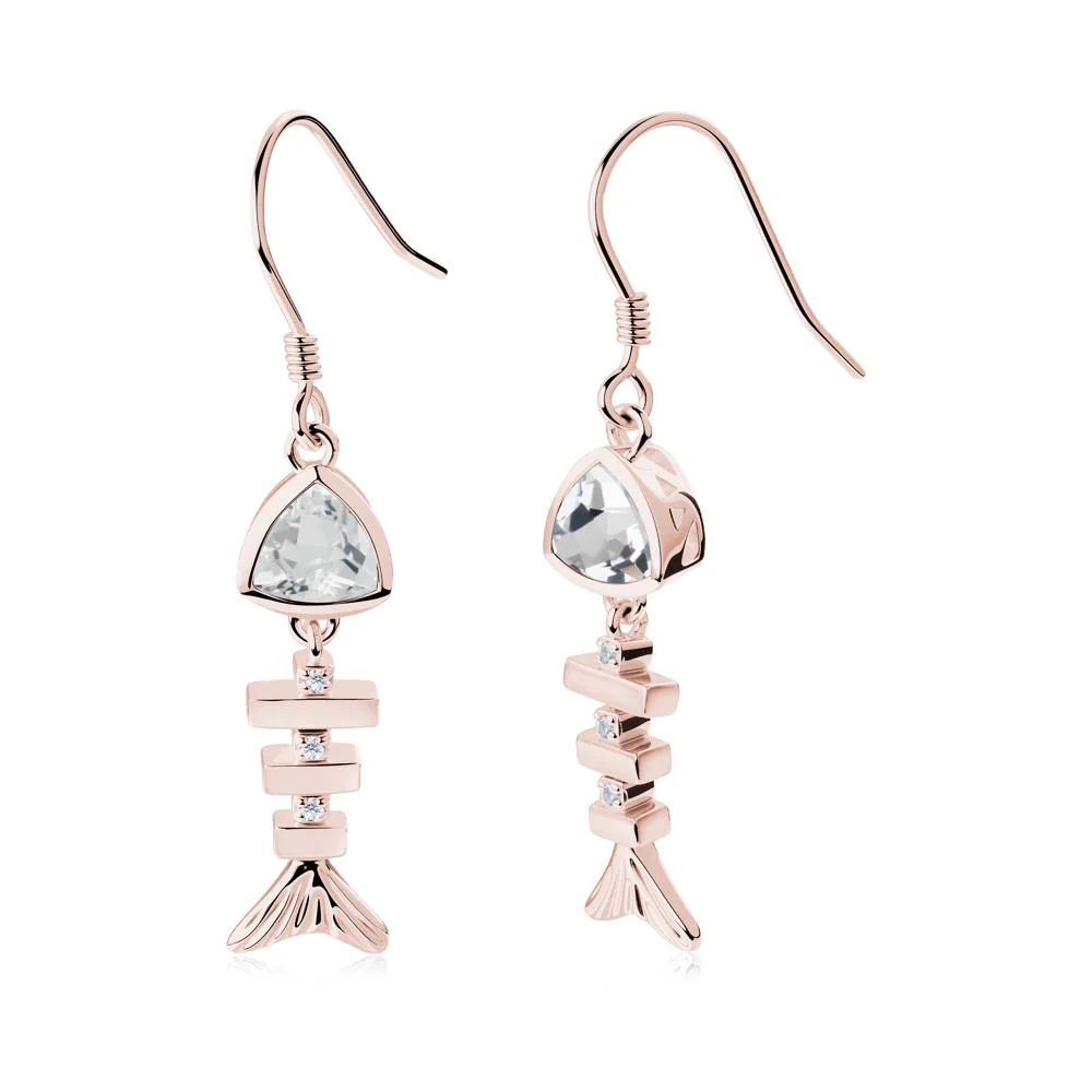 Movable Fishbone White Topaz Fish Hook Earrings - Image 6