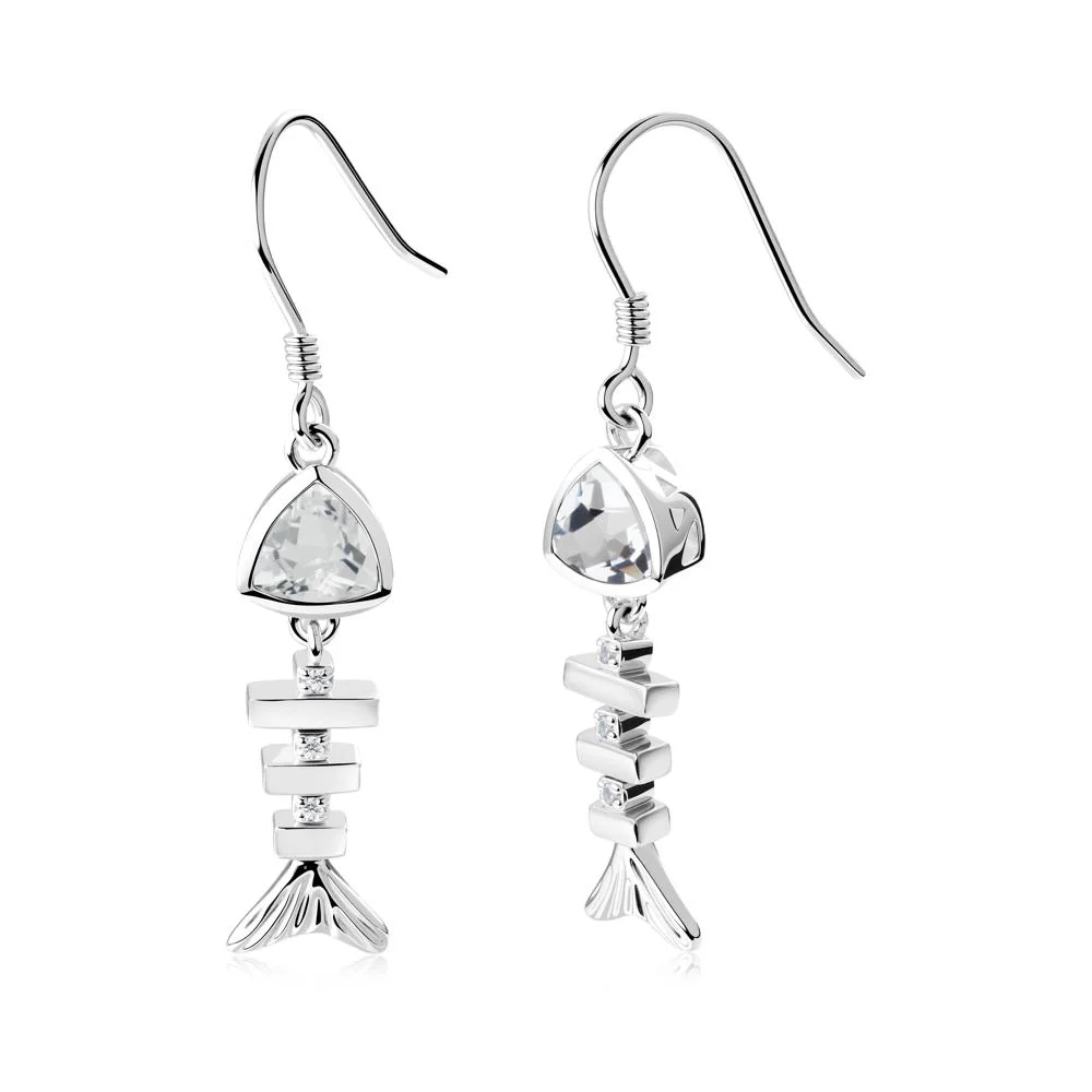 Movable Fishbone White Topaz Fish Hook Earrings - Image 8
