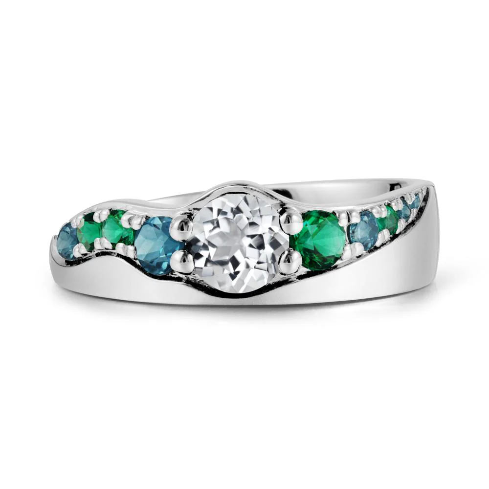 Multi Gemstone Wave Band White Topaz Ring
