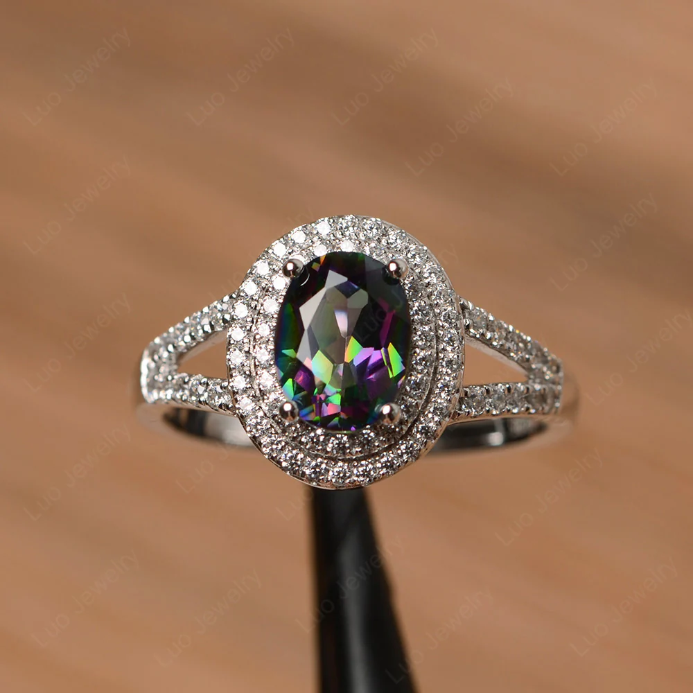 Mystic Topaz Double Halo Oval Engagement Ring