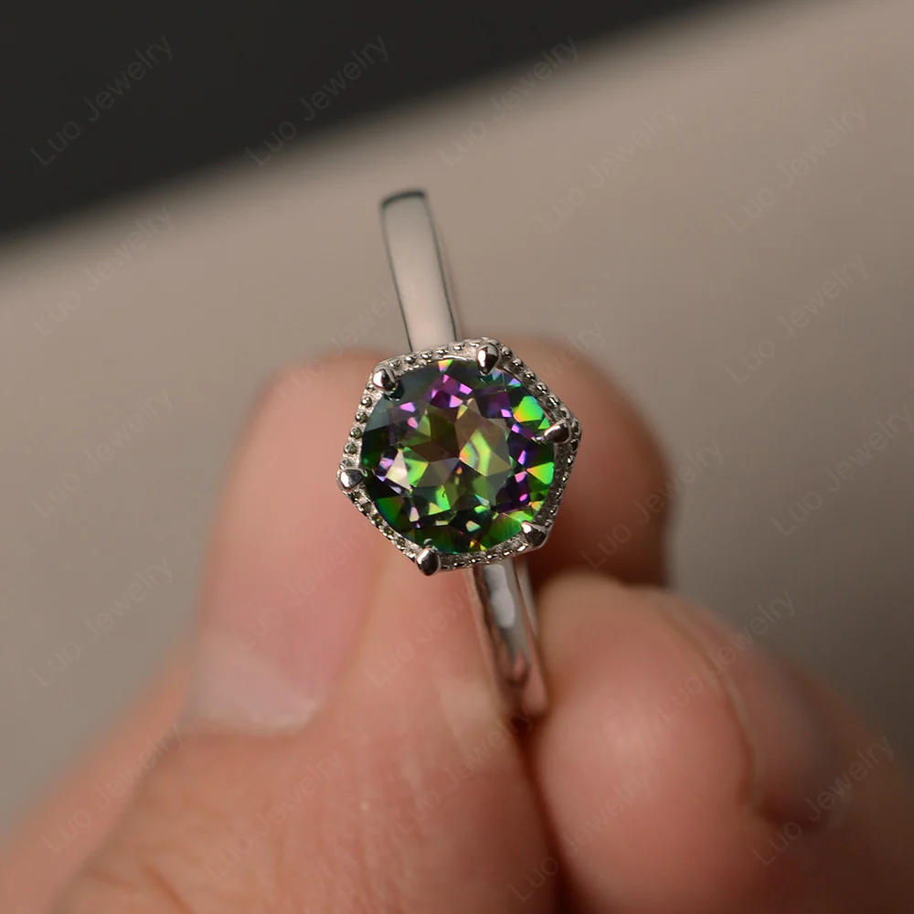 Mystic Topaz Hexagon Set Solitaire Ring