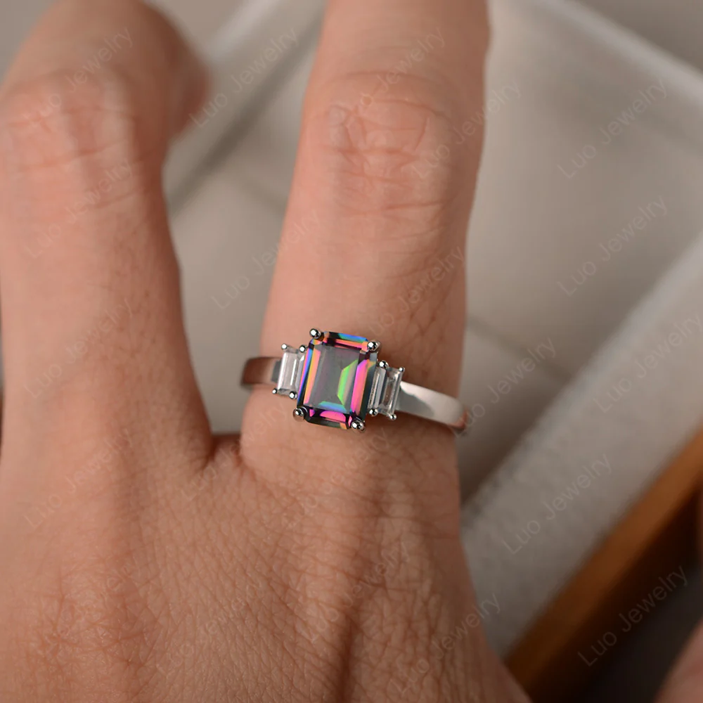 Emerald Cut Mystic Topaz Ring with Baguettes - Image 4