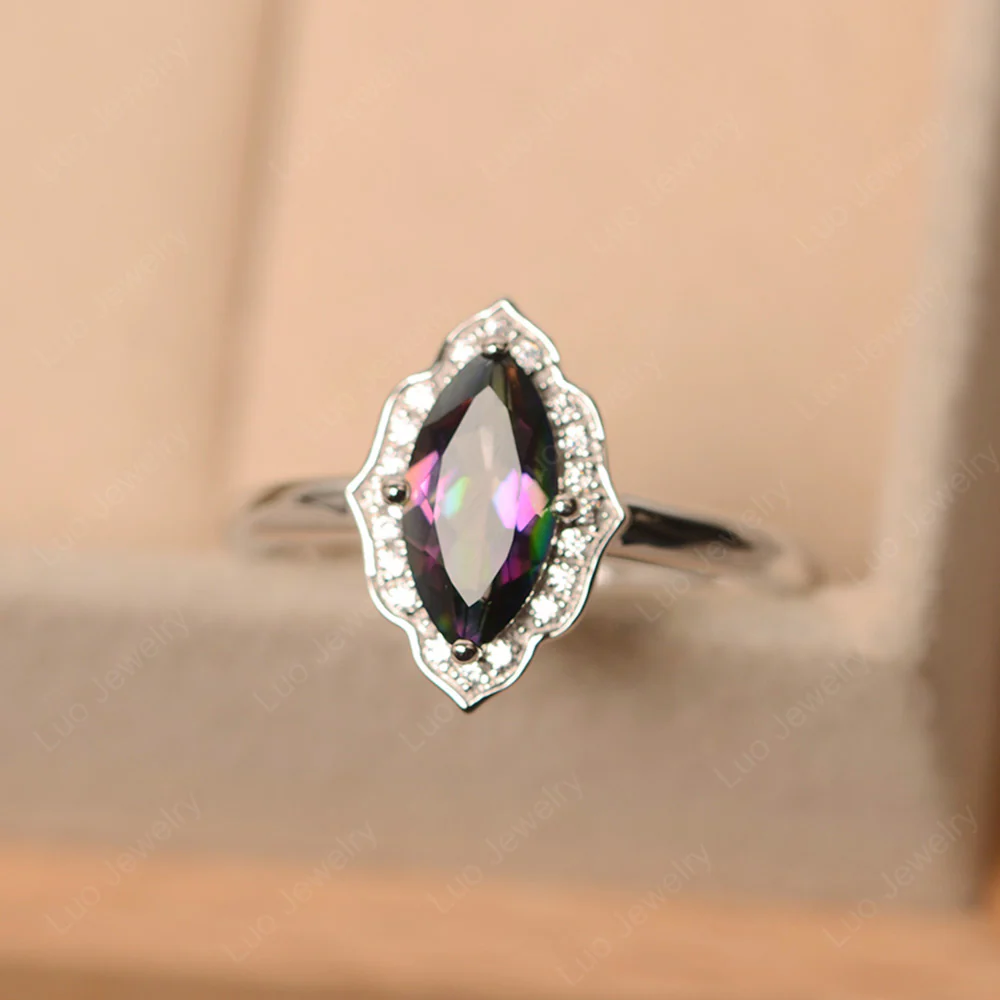 Marquise Cut Mystic Topaz Halo Engagement Ring - Image 2