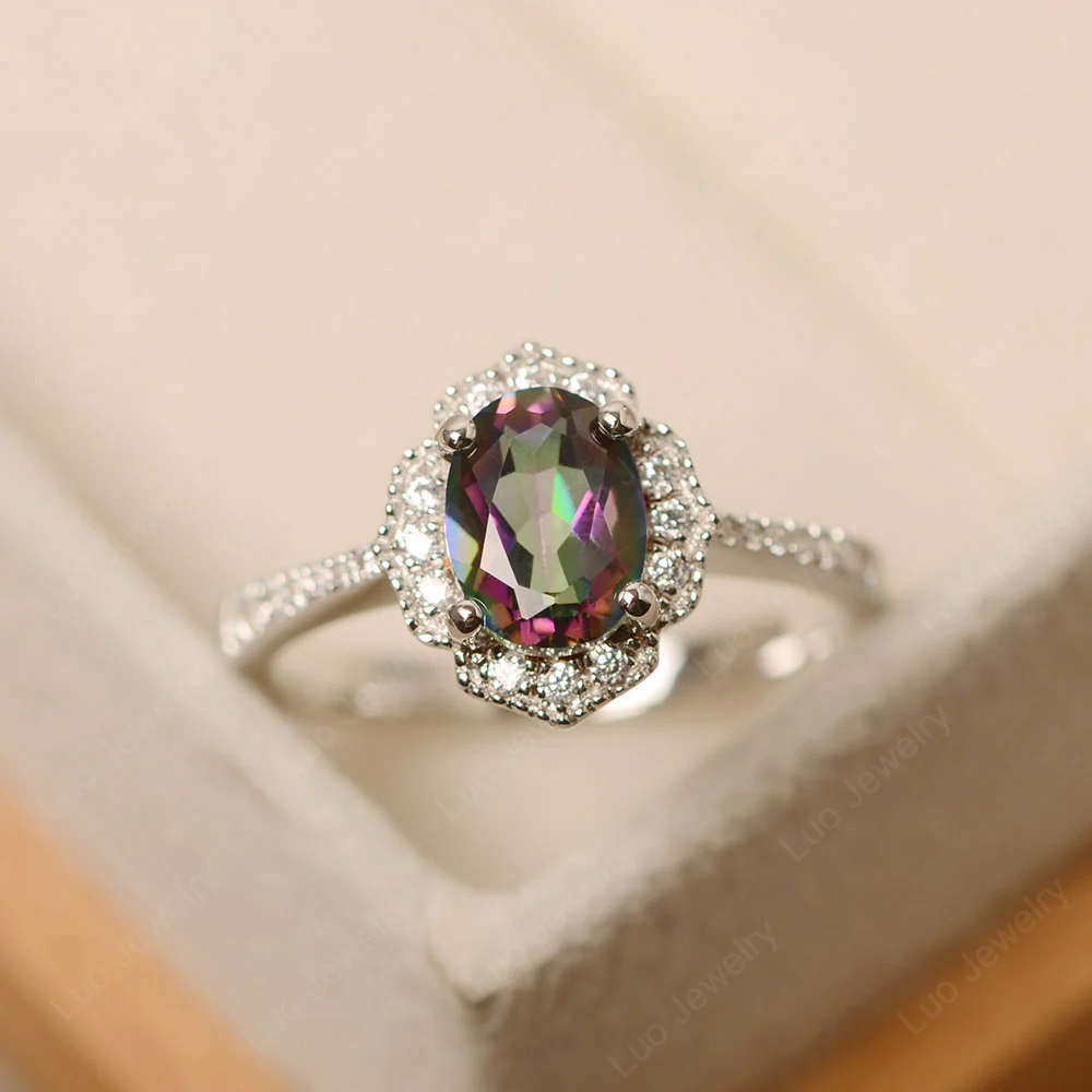 Milgrain Halo Mystic Topaz Engagement Ring