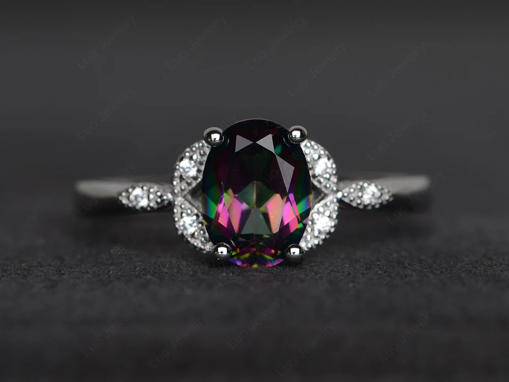 Oval Mystic Topaz Leaf Engagement Ring