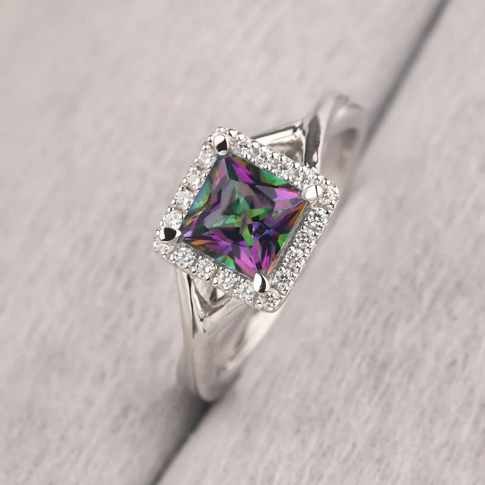 Mystic Topaz Split Shank Halo Engagement Ring - Image 2