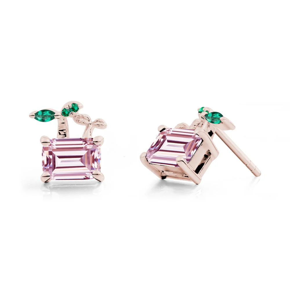 Nature Inspired Cubic Zirconia and Emerald Stud Earrings - Image 2