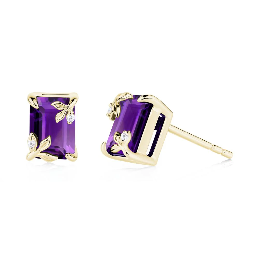 Nature-Inspired Leaf Emerald Cut Amethyst Stud Earrings - Image 3