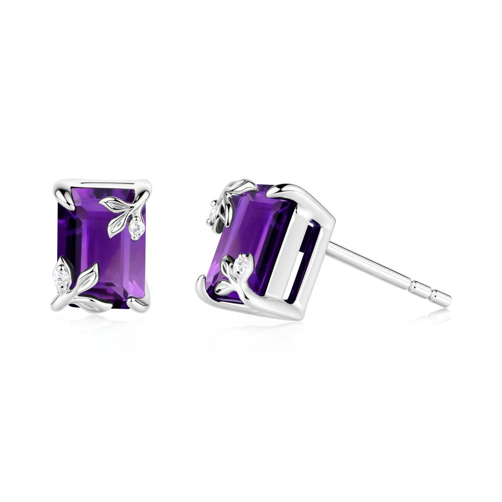 Nature-Inspired Leaf Emerald Cut Amethyst Stud Earrings - Image 9