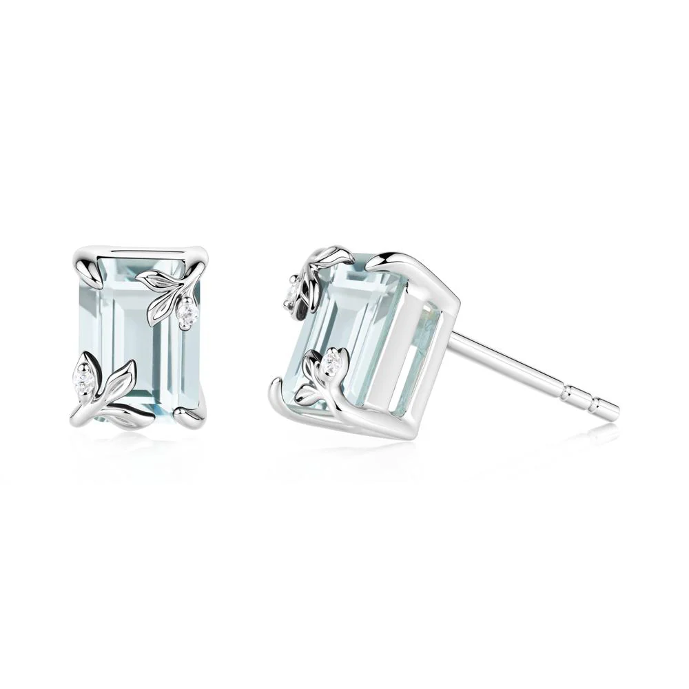 Nature-Inspired Leaf Emerald Cut Aquamarine Earrings - Image 4