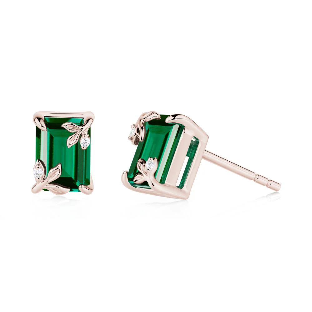 Nature-Inspired Leaf Emerald Cut Emerald Stud Earrings - Image 3