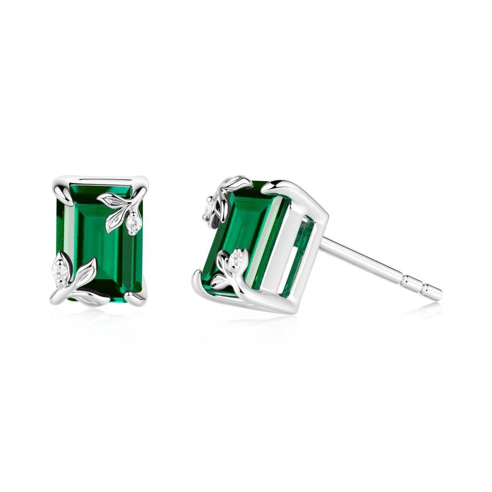 Nature-Inspired Leaf Emerald Cut Emerald Stud Earrings - Image 4