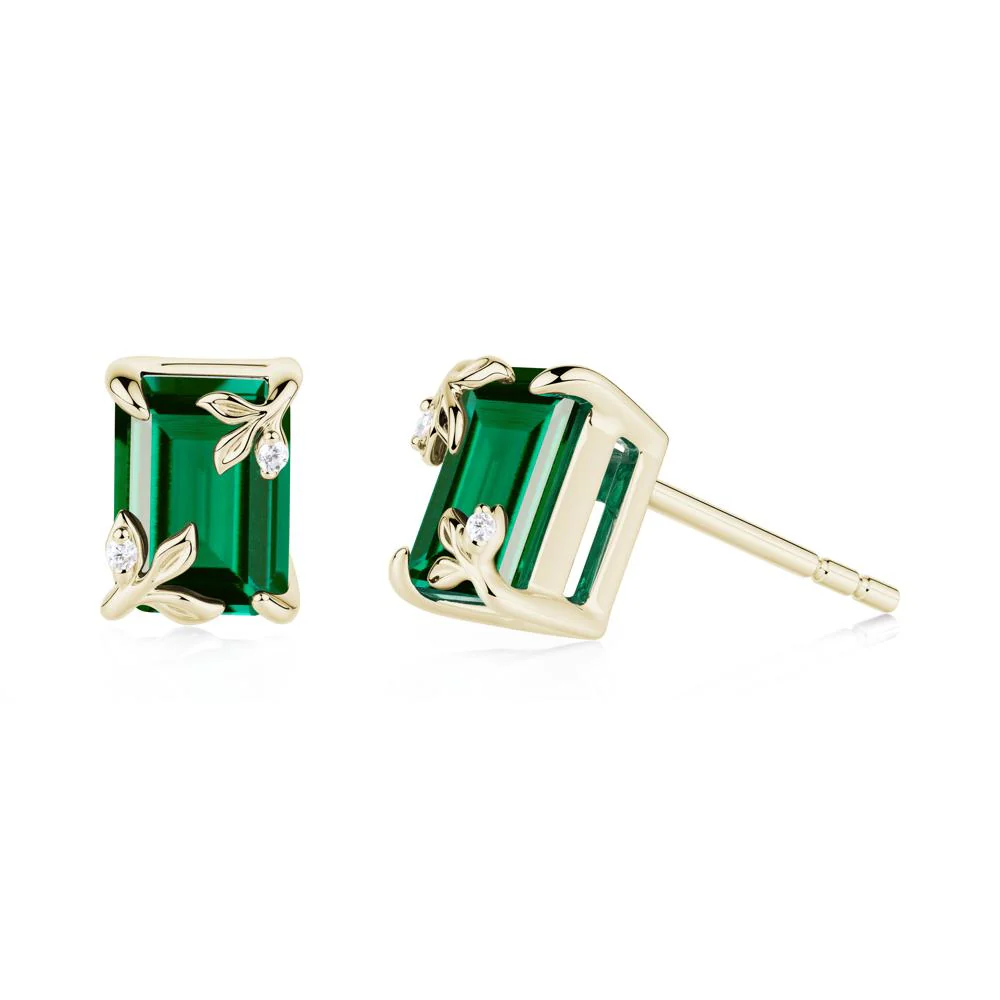 Nature-Inspired Leaf Emerald Cut Emerald Stud Earrings - Image 7