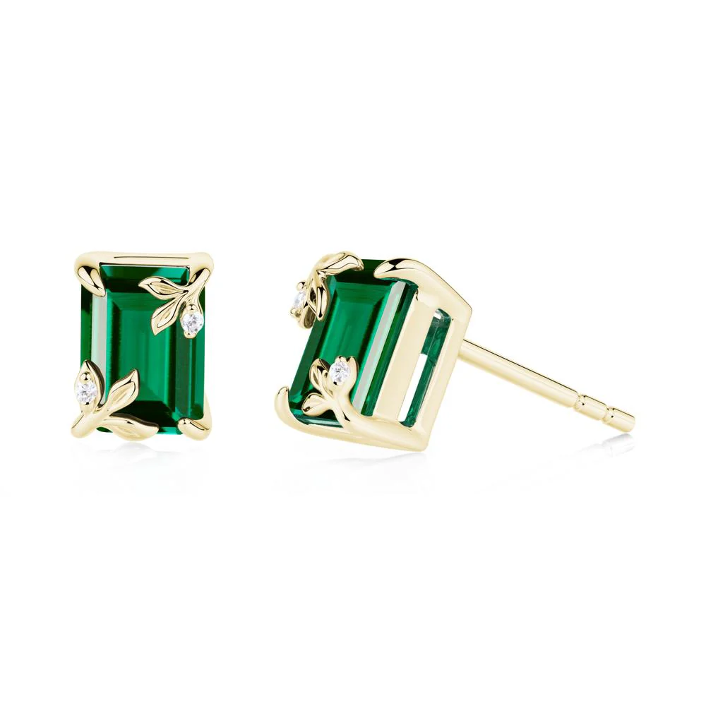 Nature-Inspired Leaf Emerald Cut Emerald Stud Earrings - Image 9