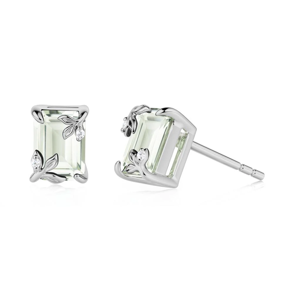 Nature-Inspired Leaf Emerald Cut Green Amethyst Stud Earrings - Image 2