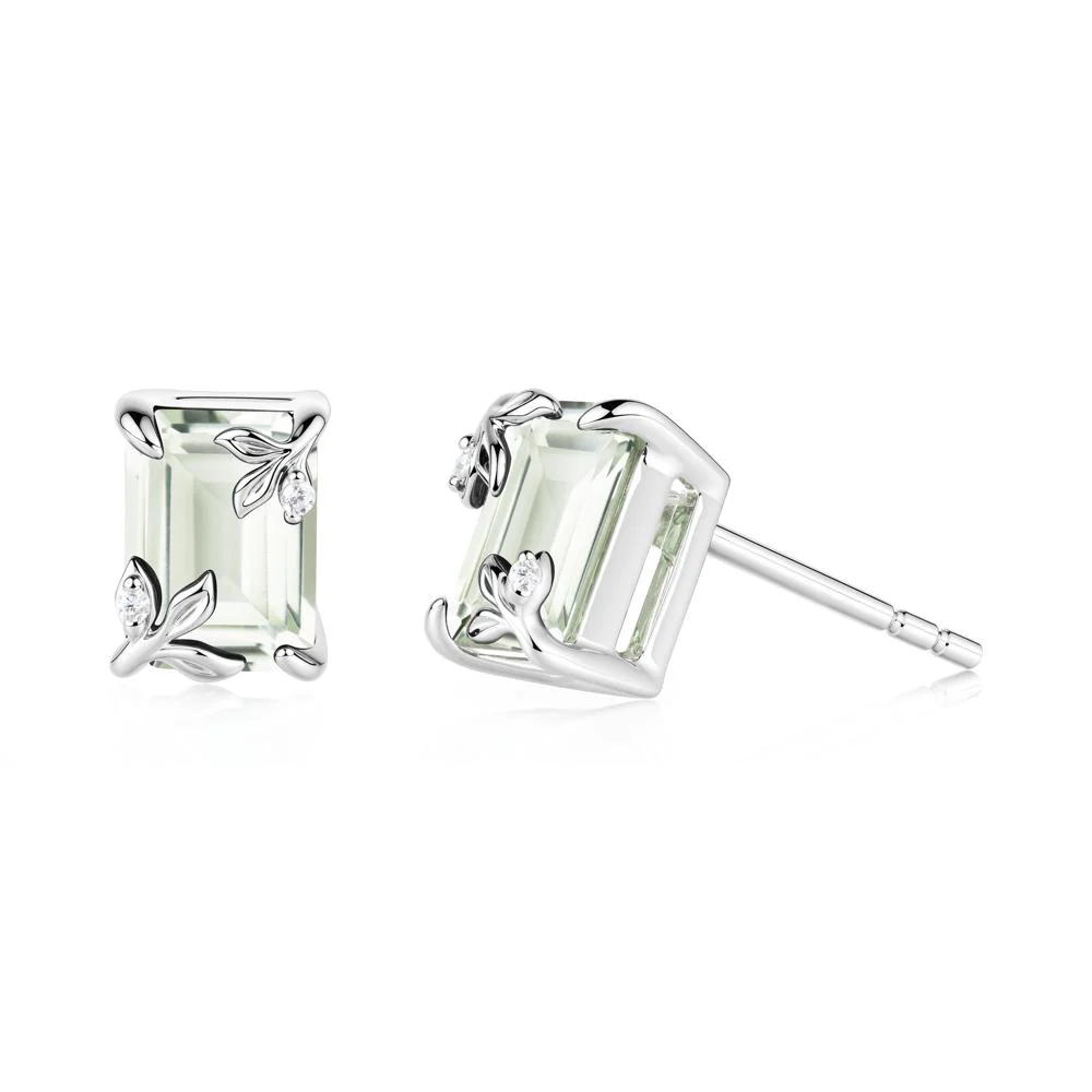 Nature-Inspired Leaf Emerald Cut Green Amethyst Stud Earrings - Image 9