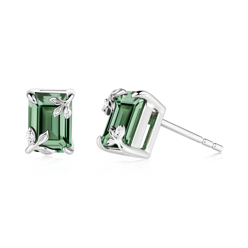 Nature-Inspired Leaf Emerald Cut Green Sapphire Stud Earrings