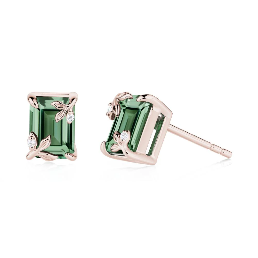 Nature-Inspired Leaf Emerald Cut Green Sapphire Stud Earrings - Image 6