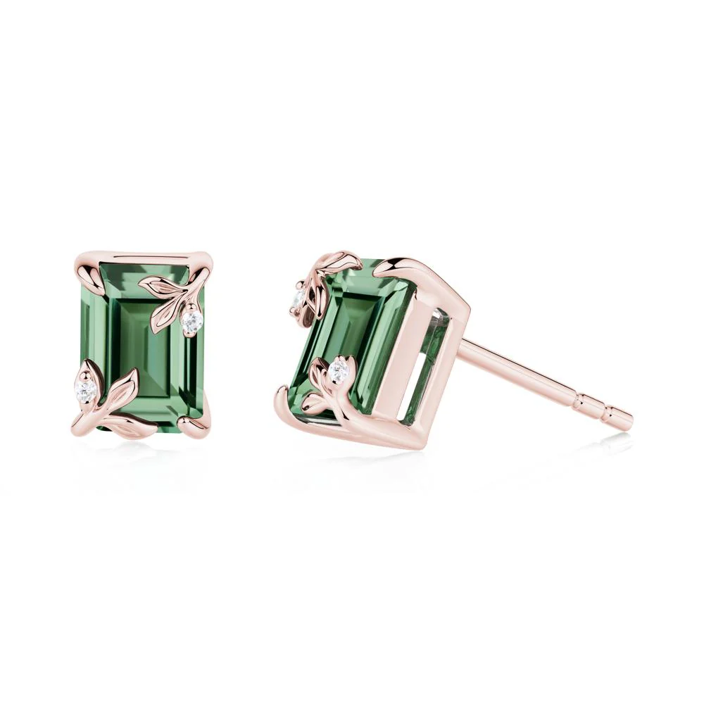 Nature-Inspired Leaf Emerald Cut Green Sapphire Stud Earrings - Image 7