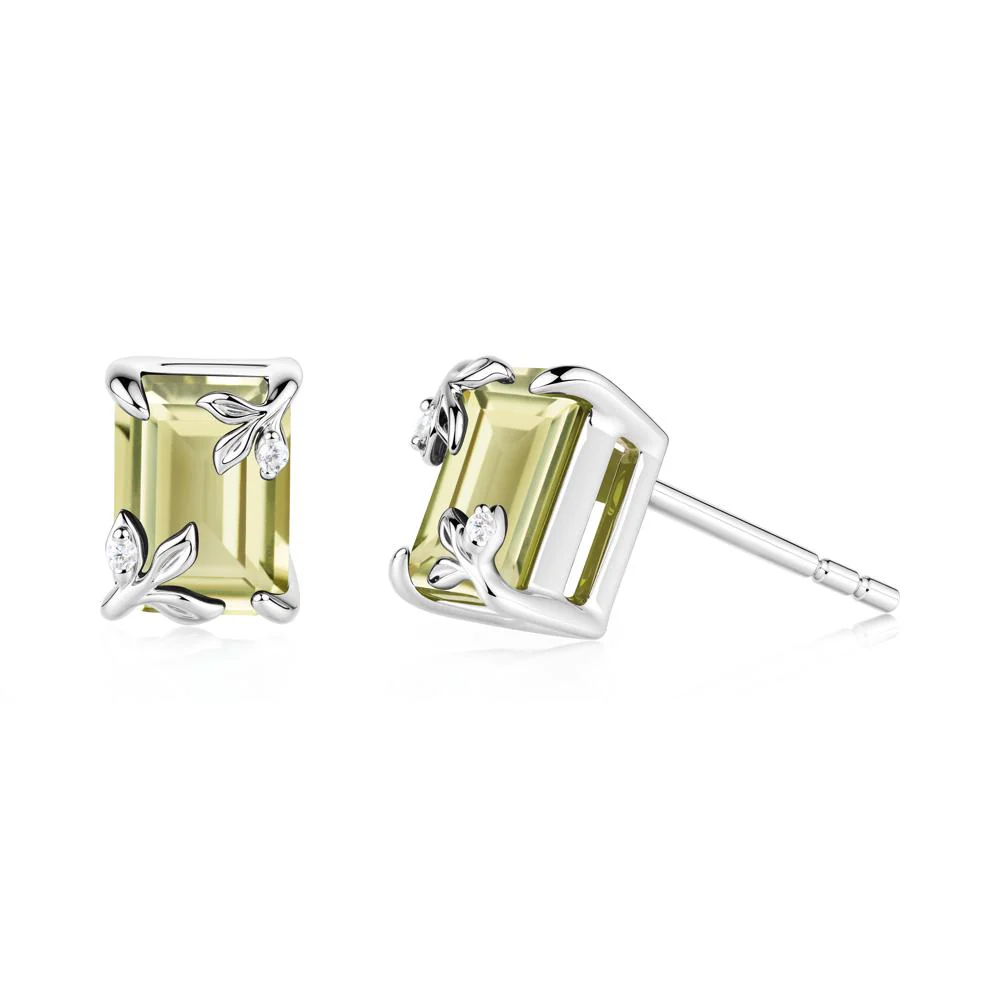 Nature-Inspired Leaf Emerald Cut Lemon Quartz Stud Earrings - Image 3