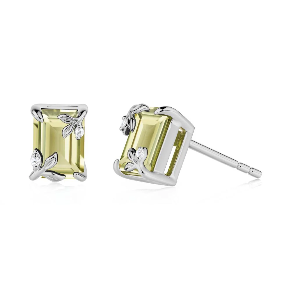 Nature-Inspired Leaf Emerald Cut Lemon Quartz Stud Earrings - Image 4
