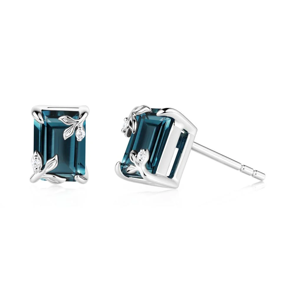 Nature-Inspired Leaf Emerald Cut London Blue Topaz Stud Earrings - Image 5