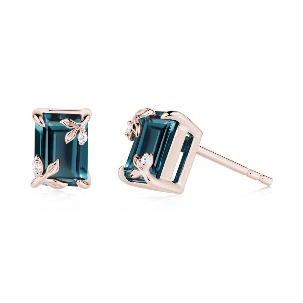 Nature-Inspired Leaf Emerald Cut London Blue Topaz Stud Earrings - Image 7