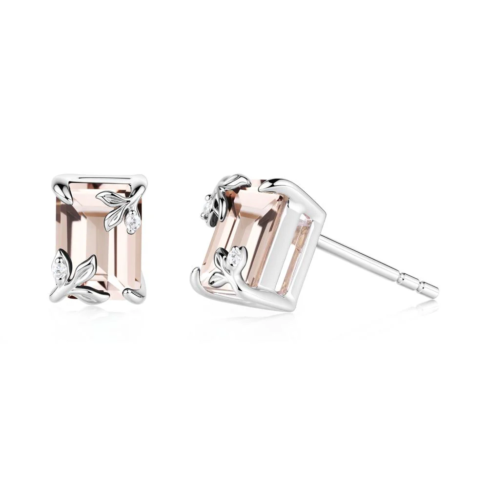 Nature-Inspired Leaf Emerald Cut Morganite Stud Earrings - Image 5