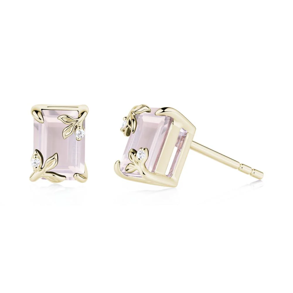 Nature-Inspired Leaf Emerald Cut Rose Quartz Stud Earrings - Image 3