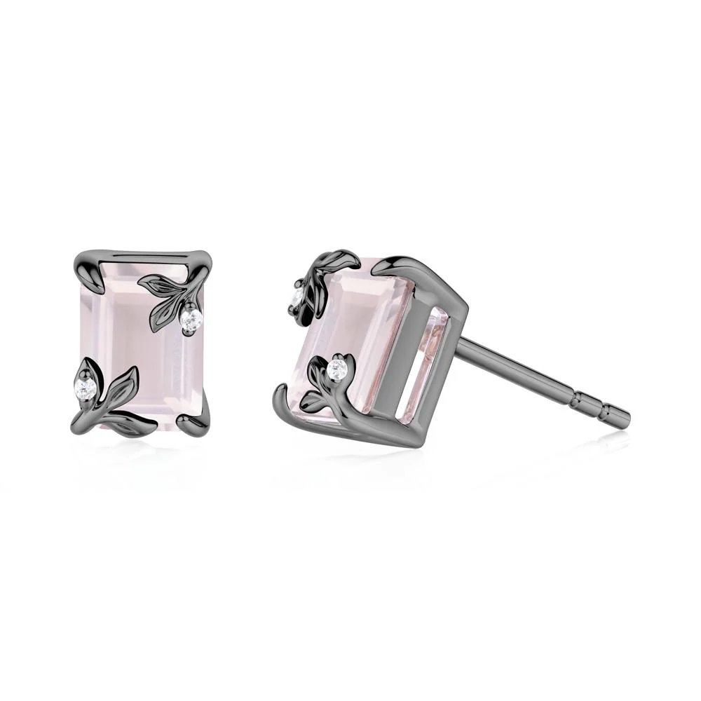 Nature-Inspired Leaf Emerald Cut Rose Quartz Stud Earrings - Image 4