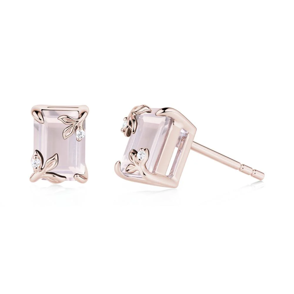 Nature-Inspired Leaf Emerald Cut Rose Quartz Stud Earrings - Image 5