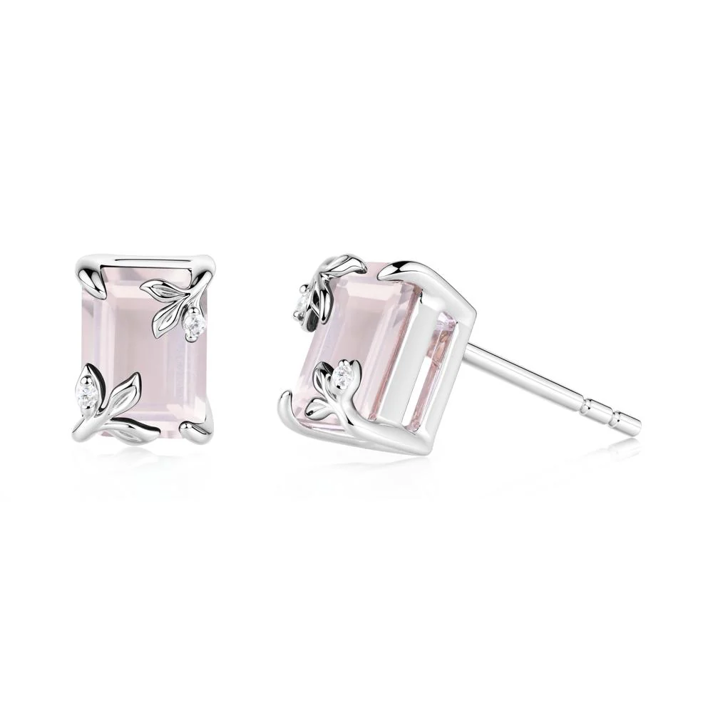 Nature-Inspired Leaf Emerald Cut Rose Quartz Stud Earrings - Image 9