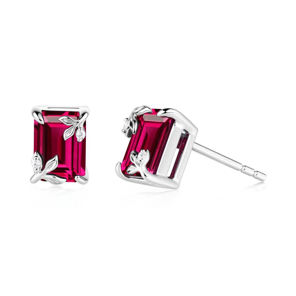 Nature-Inspired Leaf Emerald Cut Ruby Earrings - Image 4