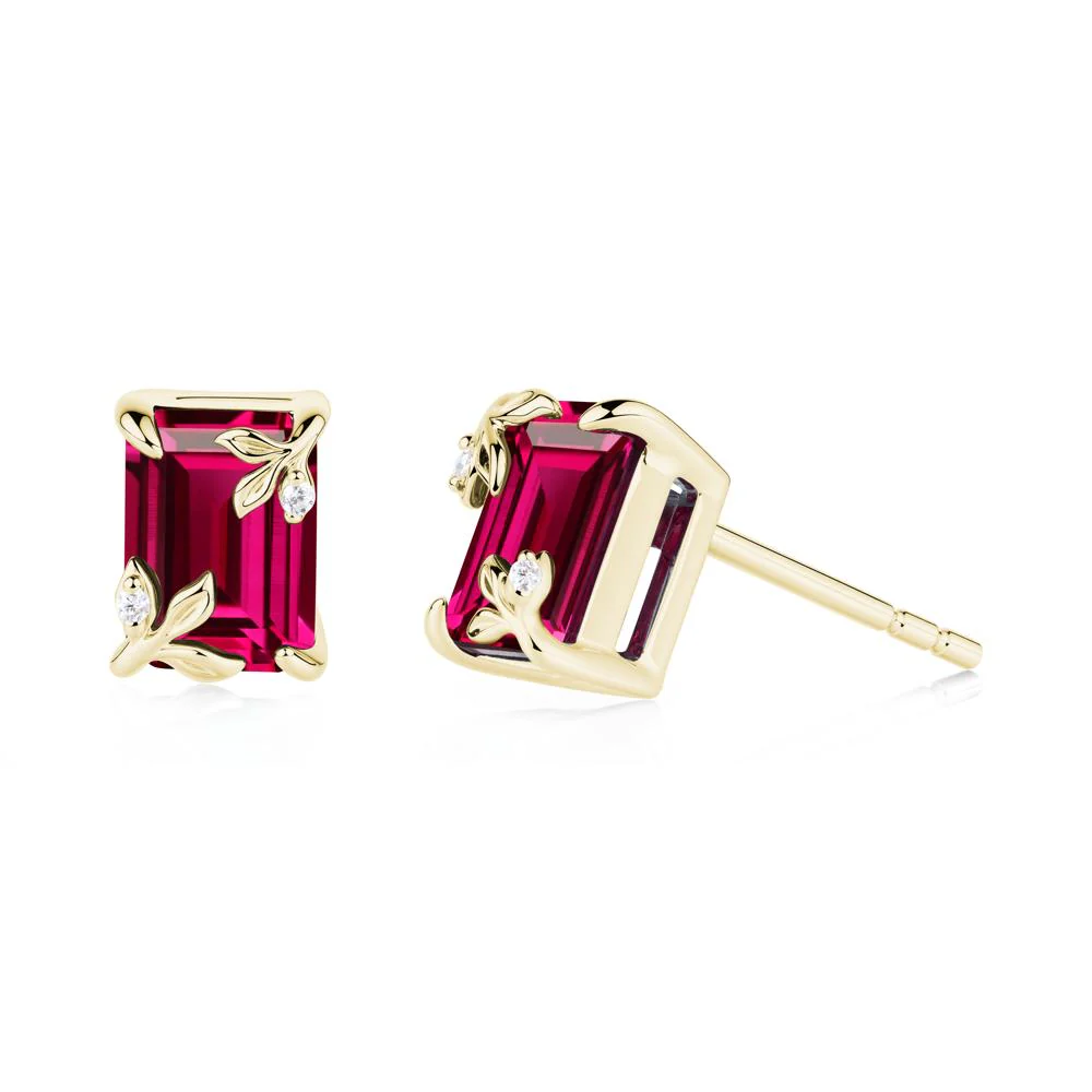 Nature-Inspired Leaf Emerald Cut Ruby Earrings - Image 5