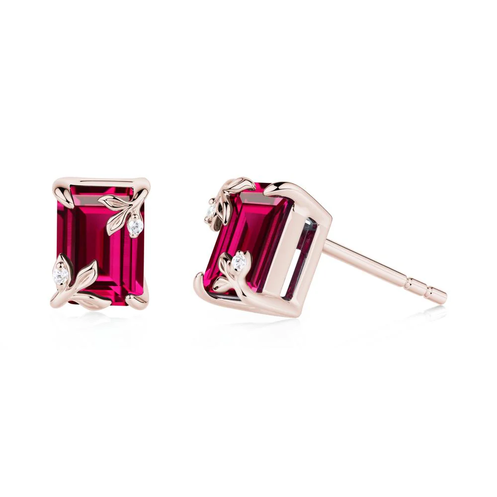 Nature-Inspired Leaf Emerald Cut Ruby Earrings - Image 7