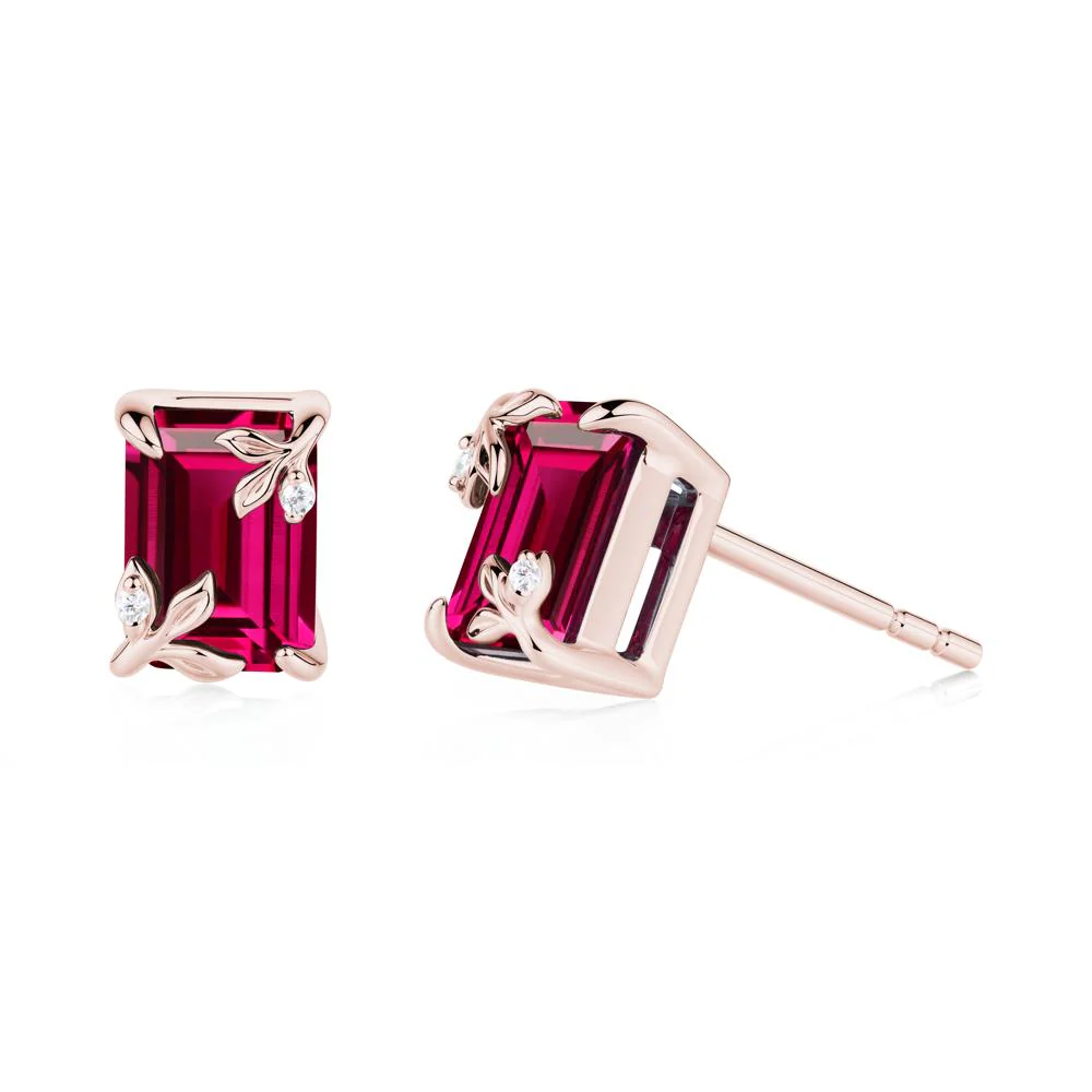 Nature-Inspired Leaf Emerald Cut Ruby Earrings - Image 9