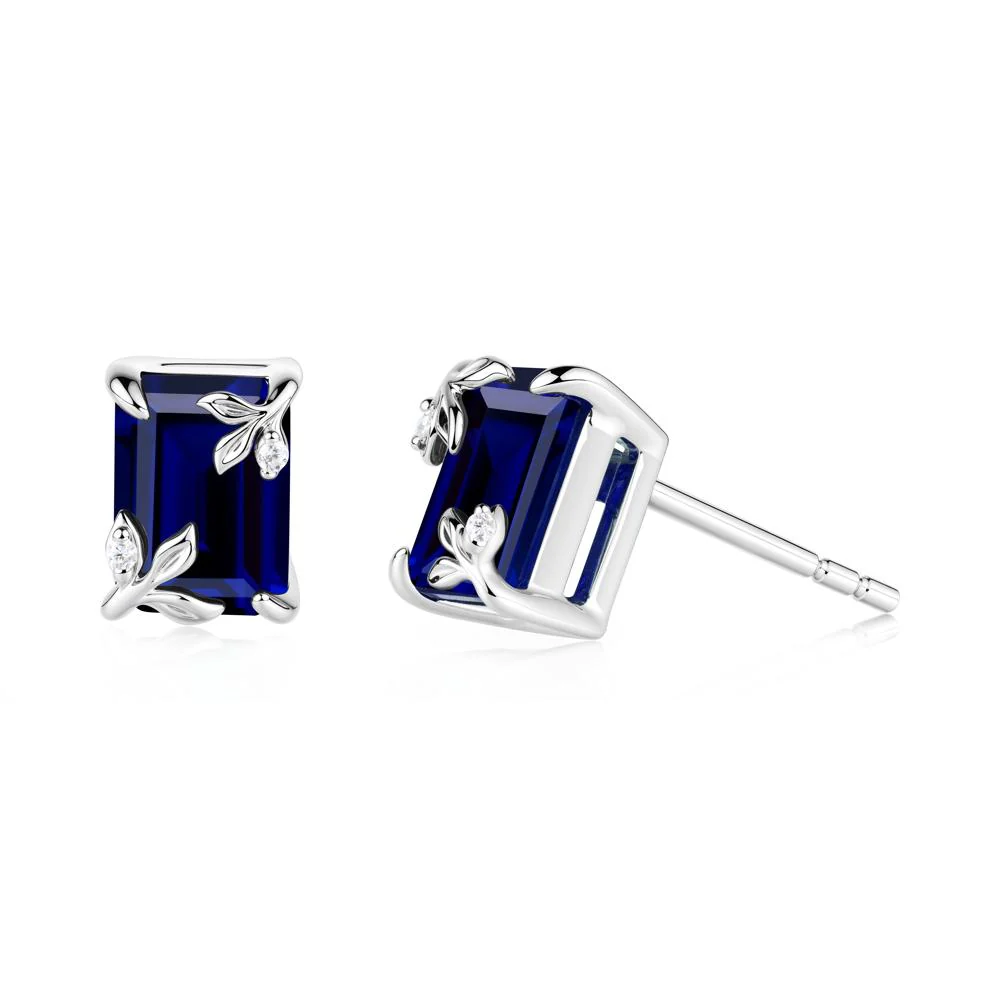 Nature-Inspired Leaf Emerald Cut Sapphire Stud Earrings - Image 4
