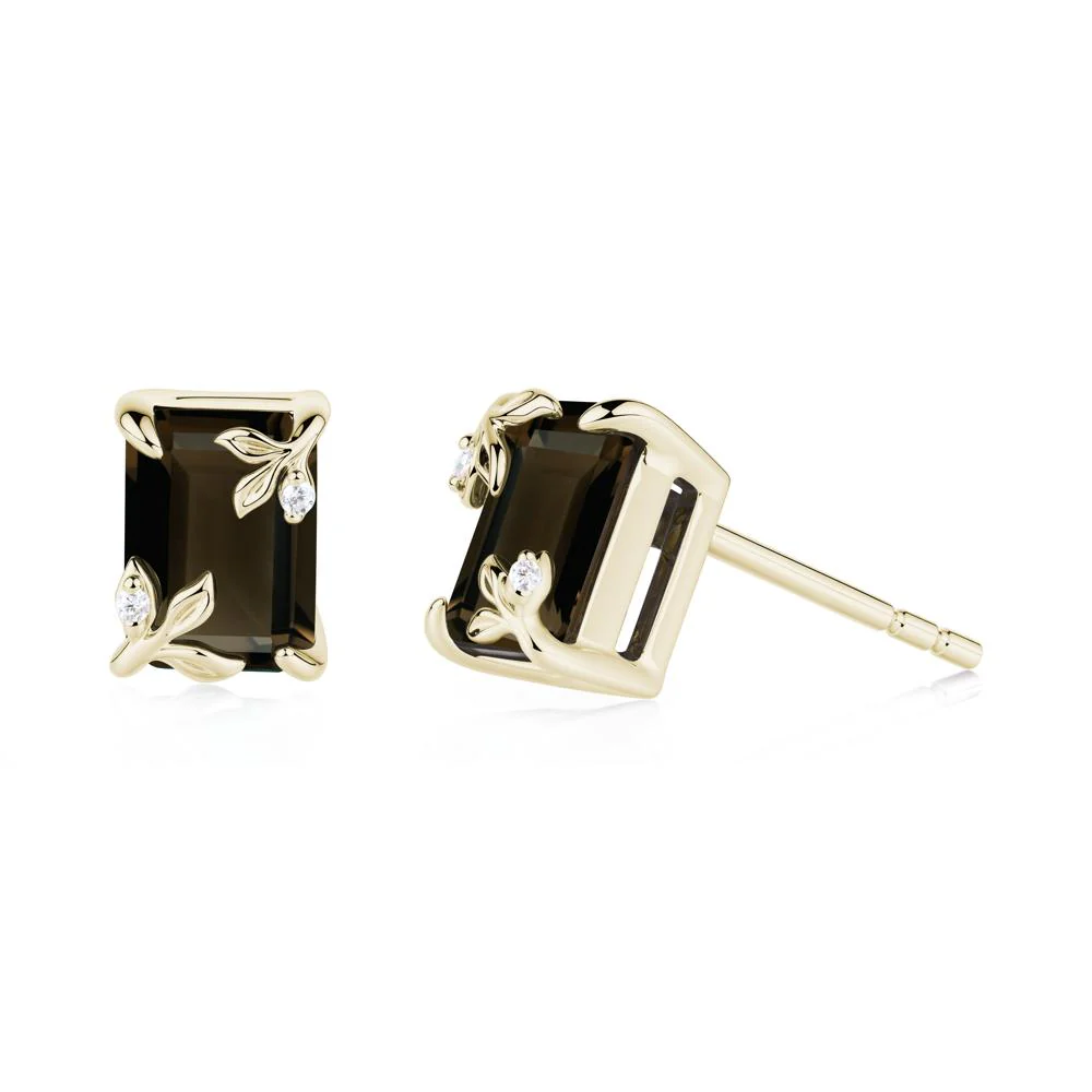 Nature-Inspired Leaf Emerald Cut Smoky Quartz Stud Earrings - Image 2