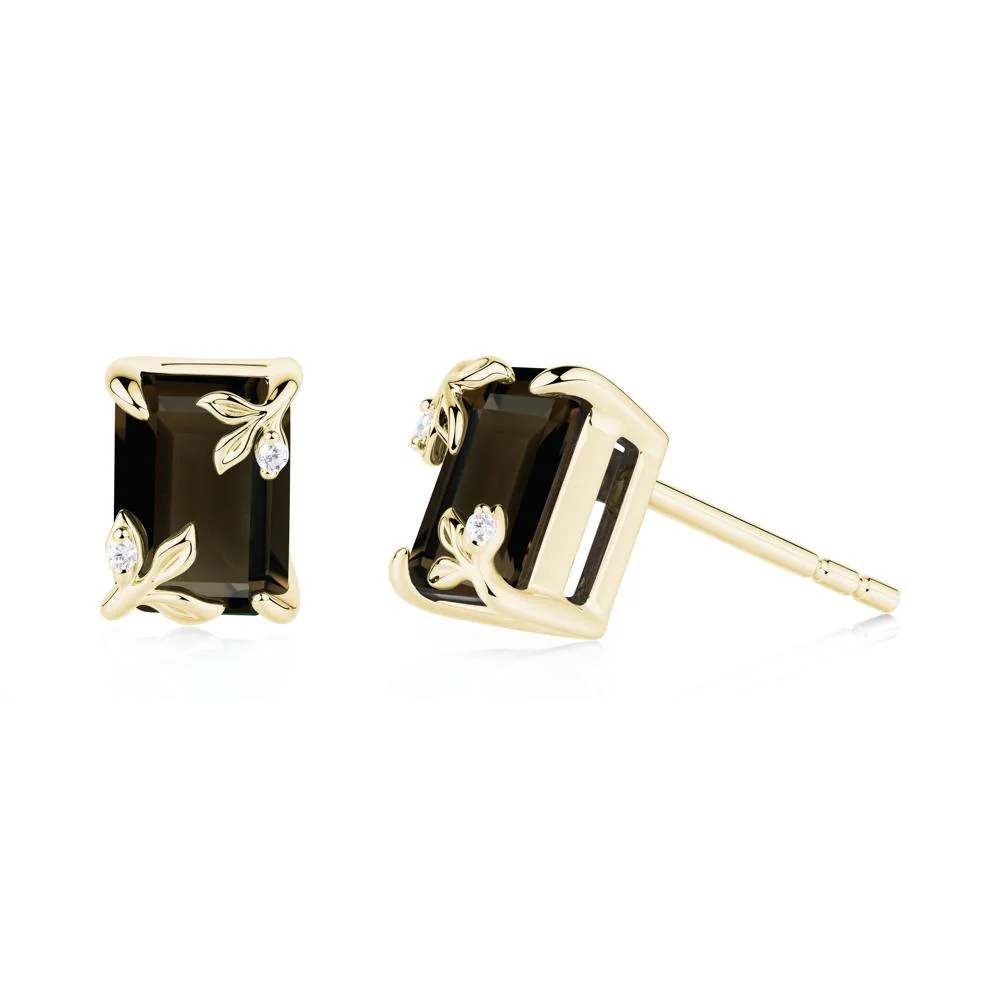Nature-Inspired Leaf Emerald Cut Smoky Quartz Stud Earrings - Image 4