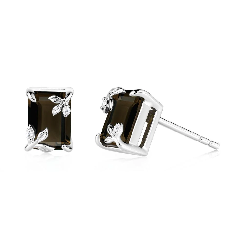Nature-Inspired Leaf Emerald Cut Smoky Quartz Stud Earrings - Image 5