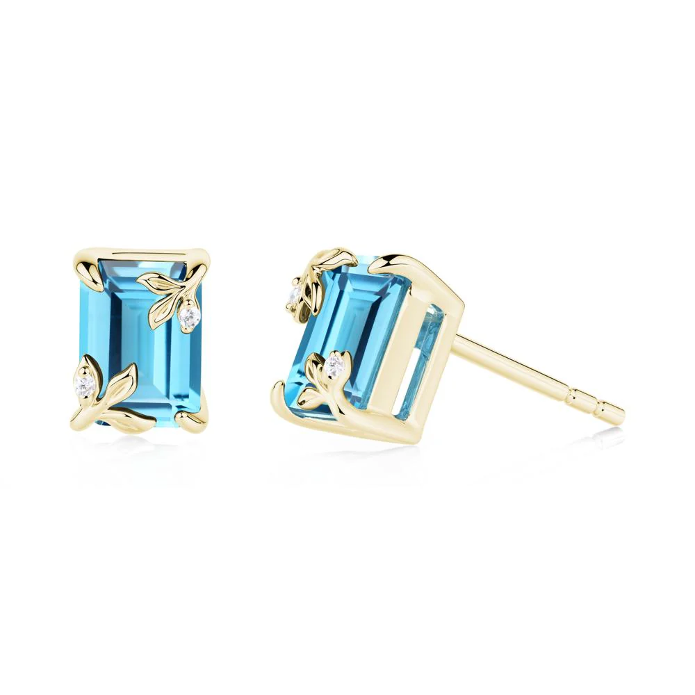 Nature-Inspired Leaf Emerald Cut Swiss Blue Topaz Earrings - Image 5