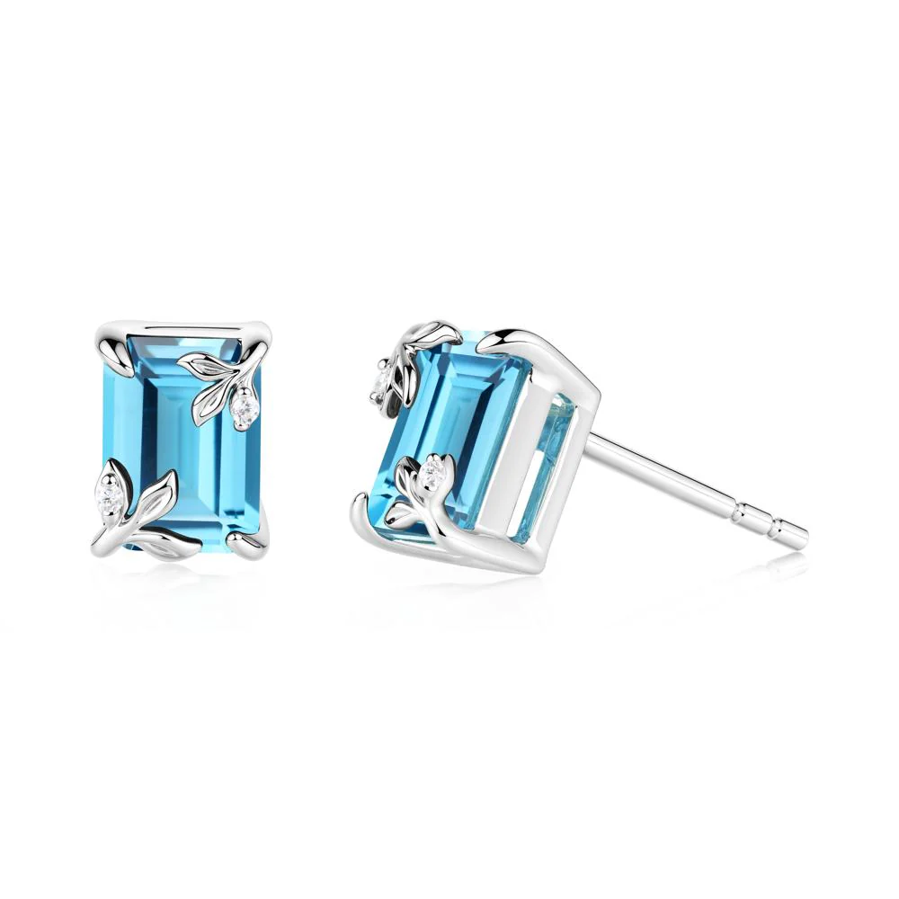 Nature-Inspired Leaf Emerald Cut Swiss Blue Topaz Earrings - Image 8