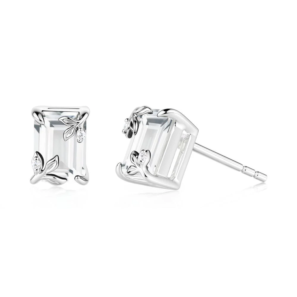 Nature-Inspired Leaf Emerald Cut White Topaz Stud Earrings